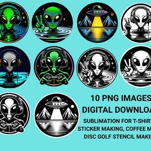 Alien extraterrestre étant des joueurs avec un casque et des ovnis avec reflet de l'eau 10 fichiers PNG ronds en téléchargement numérique pour sublimation