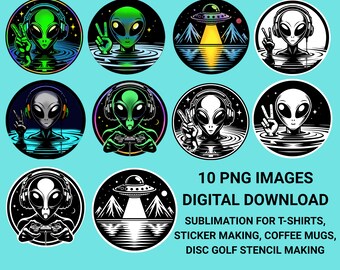 Extraterrestrial Alien Being Gamers with Headphones and UFOs with Water Reflection 10 Digital Download Round PNG Files for Sublimation