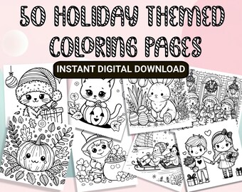 50 Instant Digital Download Coloring Pages in a Holiday Theme | Christmas Halloween Hanukkah  Easter St Patrick's Day  Valentine's Day