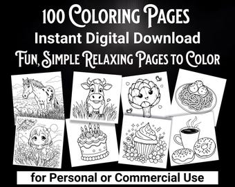 100 Random Coloring Pages  | Simple Easy to Color | For Personal or Commercial Use | Instant Digital Download