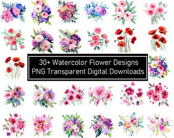 30+ Watercolor Flowers for POD, Scrapbooking, Cardmaking, Sticker Making Digital Download PNGs