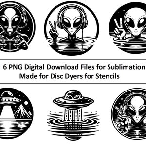 Digitale download PNG-bestanden voor Disc Golf Disc-stencils, UFO en Alien thema zwart-wit ronde ontwerpen vectoren