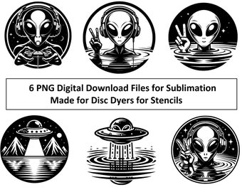 Digital Download PNG Files for Disc Golf Disc Stencils, UFO and Alien themed black and white Round Designs Vectors