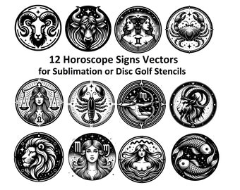 12 Horoscope Vector PNG Digital Downloads for T-shirt or Stickers Sublimation or Disc Golf Stencils