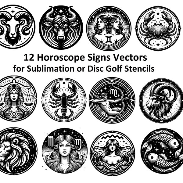 12 Horoscope Vector PNG Digital Downloads for T-shirt or Stickers Sublimation or Disc Golf Stencils