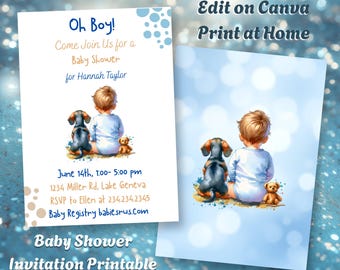 Baby Boy and his Dachshund Puppy Baby Shower Invitation Template Digital Printable Editable Download at Home