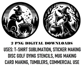 2 Round PNG Instant Digital Download Files Halloween and Witch themed for Sublimation, Disc Golf Dying Stencils, Sticker Making