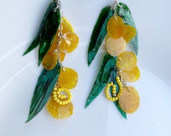Golden wattle Handmade Upcycled Earrings, Native Australian floral jewelry, Unique dangle drop statement earrings