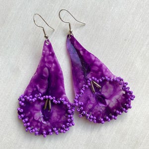 Handmade Jacaranda Blossom Earrings, Upcycled Plastic Floral Dangles, Beaded Jewelry