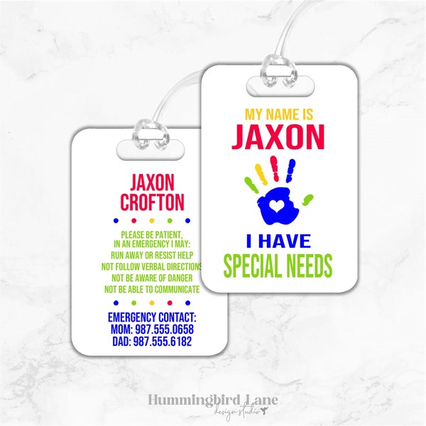 Special Needs Bag Tag, Special Needs Luggage Tag, Wheel Chair Tag, Car Seat Tag, Diaper Bag Tag, Backpack Tag, Medical Alert Tag