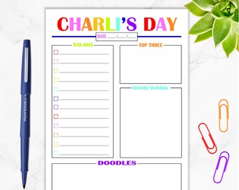 May include: A printable daily planner with the title "CHARLI'S DAY" in rainbow colors. The planner has sections for "TO-DO", "TOP THREE", "HOMEWORK", and "DOODLES".