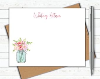Custom floral cards Personalized Stationary Cards with envelopes Flower Stationery Mason Jar Cards Notecards for Her Floral Card