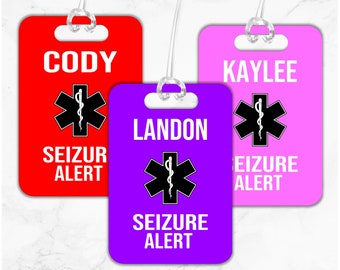 Seizure Alert Bag Tag, Epilepsy Alert ID, Medical Alert Tag, Emergency Tag,  Dravet Syndrome Tag, Car Seat Tag, Day Care