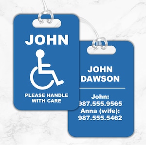 May include: Blue luggage tag with the name John Dawson and phone numbers for John and Anna. The tag also has a wheelchair symbol and the text "Please handle with care".