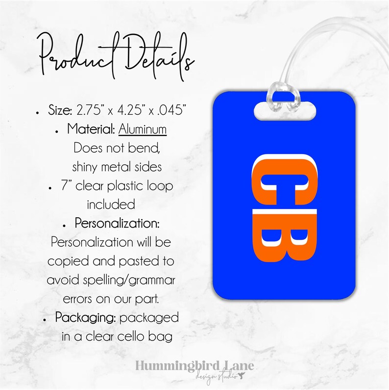 May include: Blue luggage tag with the letters "CB" in white and orange. The tag is made of aluminum and measures 2.75 inches by 4.25 inches. It includes a 7-inch clear plastic loop.