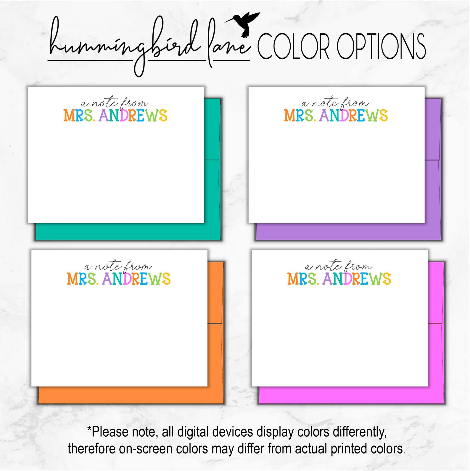 Personalized Teacher Note Cards – Rainbow Font Stationery Set – Custom ...