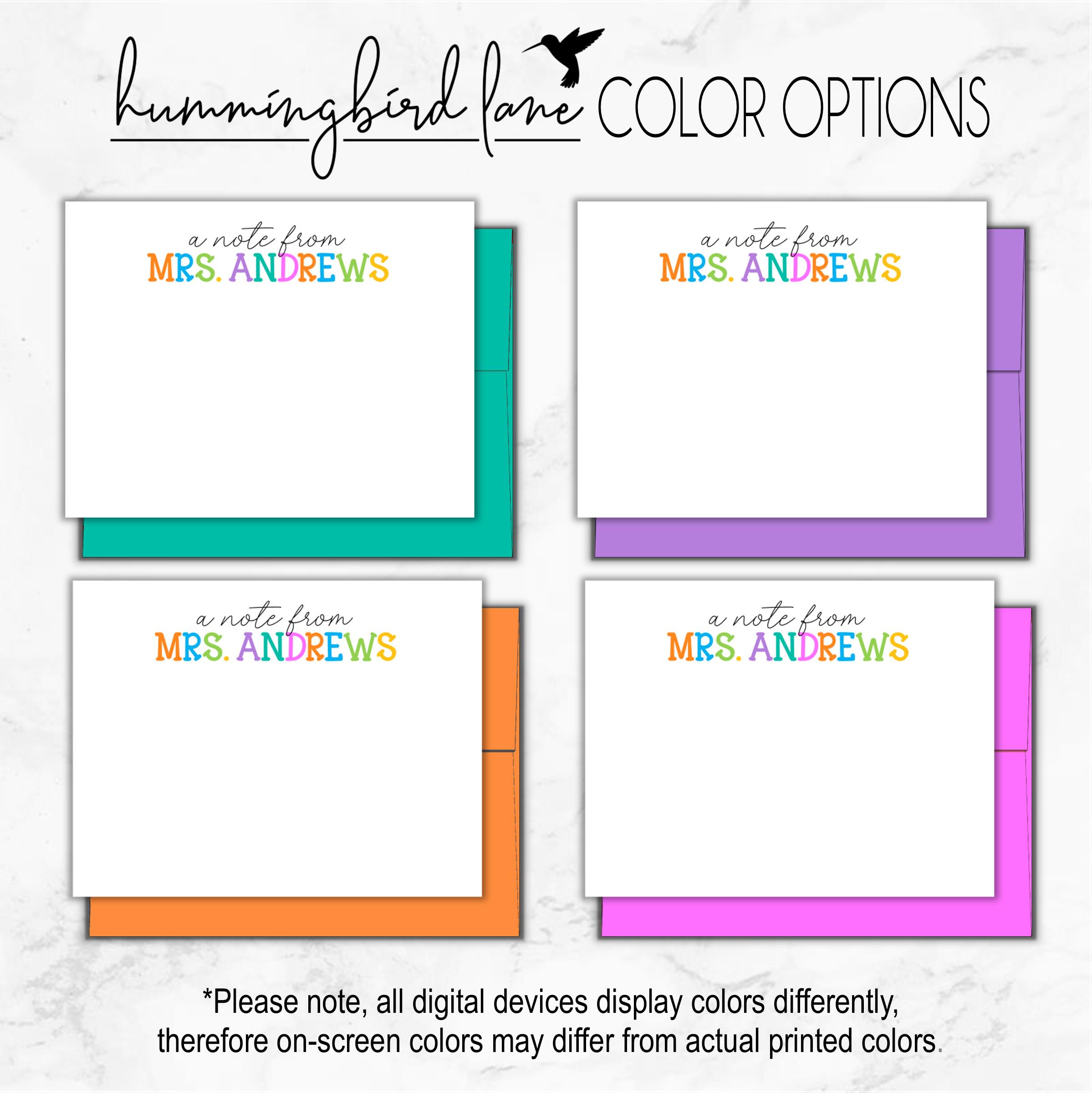 Personalized Teacher Note Cards – Rainbow Font Stationery Set – Custom ...