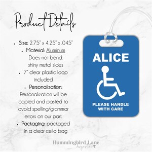 Personalized Handicap Tag, Wheelchair Tag, Disabled Tag, Disability Placard, Handicap Placard, Medical Alert Tag, Aluminum Tag Bild 2