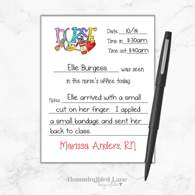 May include: A nurse's office visit note with the date 10/14, time in 11:30am, time out 11:40am, patient name Ellie Burgess, and notes that Ellie arrived with a small cut on her finger. The nurse applied a small bandage and sent her back to class. The note is signed Marissa Anders, RN.