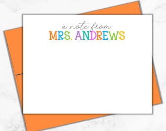 Personalized Teacher Note Cards – Rainbow Font Stationery Set – Custom Teacher Gift with Envelopes