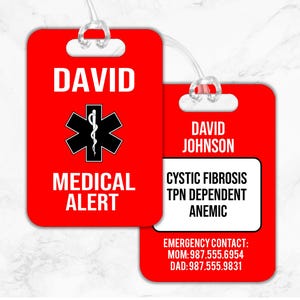 Medical Alert Bag Tag, Medical Alert ID, Personalized Medical Alert, Personal Medical Tag, Medical Luggage Tag, Emergency ID, Car Seat Tag