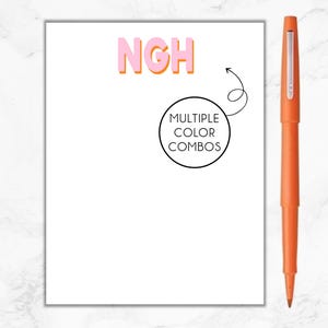 May include: A white notepad with the letters "NGH" in pink and orange. The text "MULTIPLE COLOR COMBOS" is written in a circle below the letters.