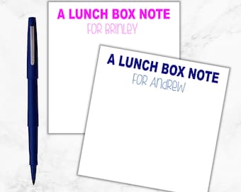 May include: Two white note cards with the text "A Lunch Box Note" in pink and blue. The top card says "For Brinley" and the bottom card says "For Andrew".