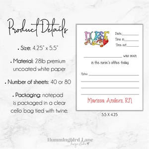 May include: A notepad featuring a colourful illustration of a nurse's tools and the word "NURSE" in large letters. The notepad measures 4.25 inches by 5.5 inches and contains 40 or 80 sheets of 28lb premium uncoated white paper. It is packaged in a clear cello bag tied with twine.