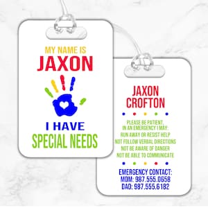 Special Needs Bag Tag, Special Needs Luggage Tag, Wheel Chair Tag, Car Seat Tag, Diaper Bag Tag, Backpack Tag, Medical Alert Tag