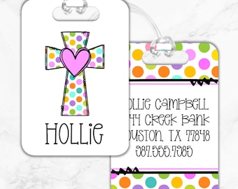 Cross Luggage Tag, Christian Bag Tag, Colorful Cross Tag, Polka Dot Bag Tag, Girls Bag Tag, Diaper Bag Tag, Stroller Tag, Christian Gift
