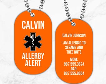 Allergy Alert Tag, Medical Alert ID, Personalized Allergy Alert, Severe Allergy Tag, Medical Tag, Emergency ID, Car Seat Tag