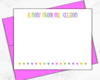 Personalized Teacher Note Cards – Rainbow Heart Stationery Set – Custom Teacher Gift with Envelopes