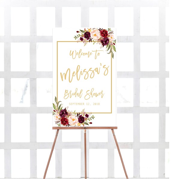 Bridal shower welcome sign, Bridal shower sign, Marsala bridal shower sigh, Gold Bridal brunch welcome sign Marsala Bridal shower decoration Il_570xn