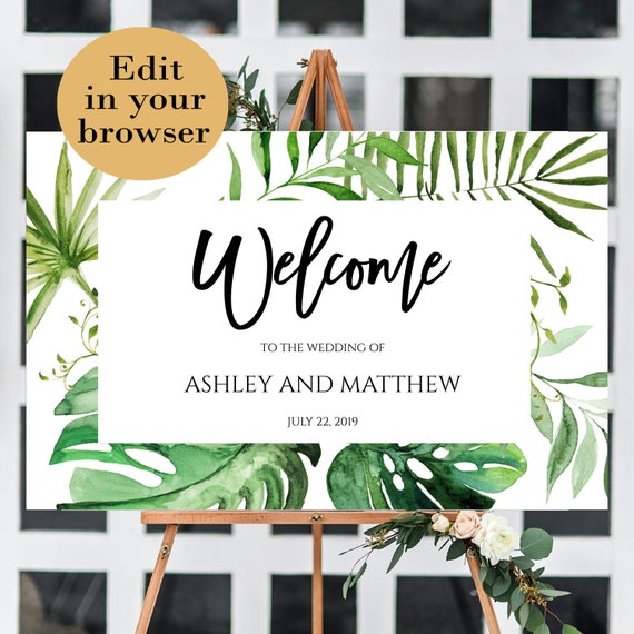 Wedding welcome sign template, Tropical welcome sign, Editable welcome sign, Monstera welcome sign, Landscape welcome sign, Instant download Il_570xn