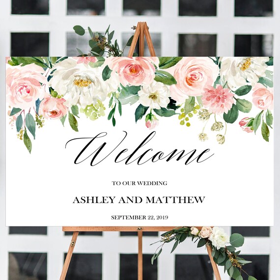Blush Floral Welcome Sign, Horizontal welcome sign, Large welcome sign, Welcome Wedding Sign, Porch Welcome Sign, Reception Sign, Pink Il_570xn