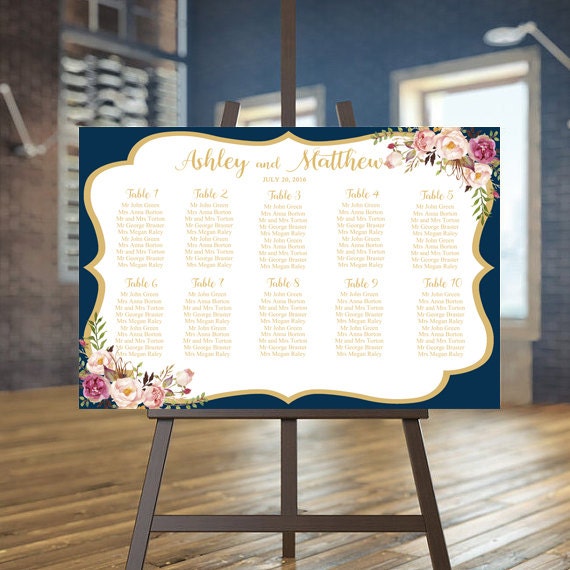 Wedding seating chart printable, Navy guests list printable, Gold seating chart, Wedding seating plan, Floral seating chart Custom sign Bree Il_570xn