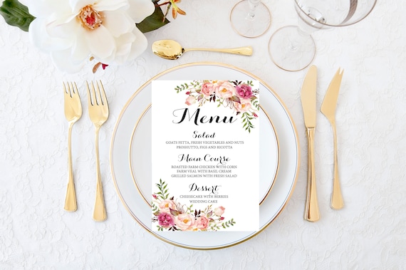 Printable wedding menu, Floral wedding menu, Blush wedding menu, Rose wedding menu, Calligraphy menu, Rustic wedding menu, Boho menu, Ashley Il_570xn