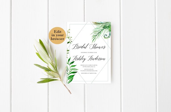 Greenery Bridal shower invite template Editable bridal shower invite Palm Leaves Bridal Shower Gender Neutral Bridal Shower Instant Download Il_570xn