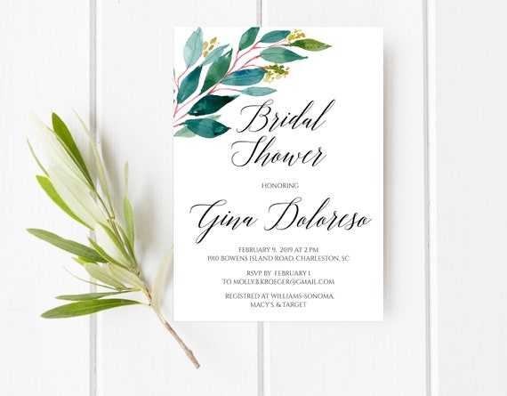 Greenery bridal shower invitation, Modern bridal shower invite, Botanical invitation, Garden bridal shower invite Green leaves bridal invite Il_570xn
