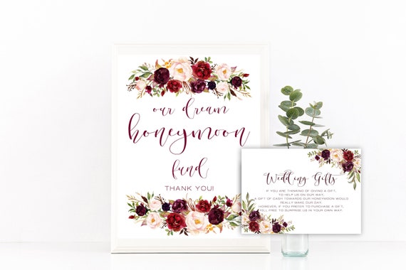 Printable Honeymoon Fund sign, Honeymoon Fund sign, Marsala Wedding gift card, Marsala Honeymoon set, Fall Honeymoon sign, Burgundy sign Il_570xn