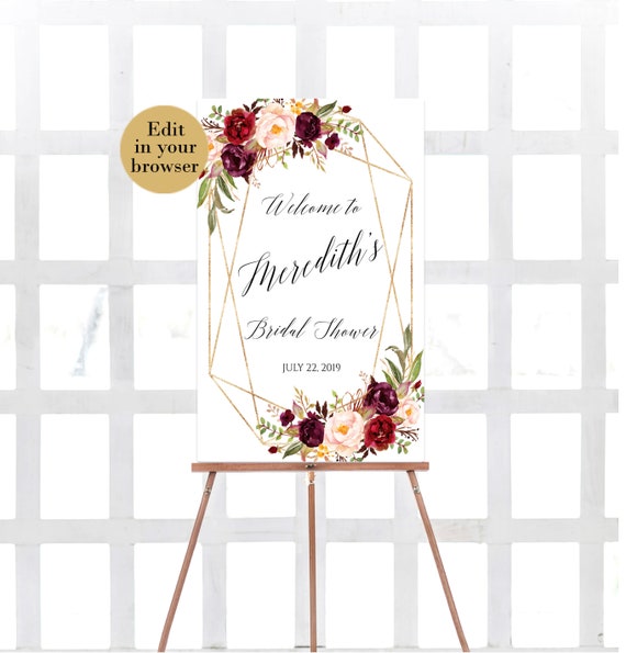 Burgundy Welcome Bridal shower template, Marsala and gold Editable welcome sign, Bridal shower template, Boho Bridal Shower, Bridal Brunch Il_570xn