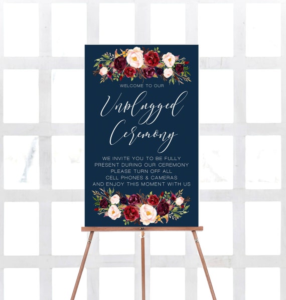 Unplugged Wedding Sign, Marsala Unplugged Ceremony Sign, Printable Navy Wedding Sign, Burgundy Wedding Sign, Fall wedding Red unplugged Sign Il_570xn