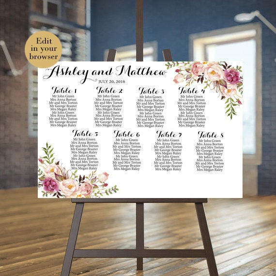 Wedding Seating Chart Template Floral Printable Seating Chart Editable Seating Chart Wedding Seating Plan Printable Seating Chart Blush