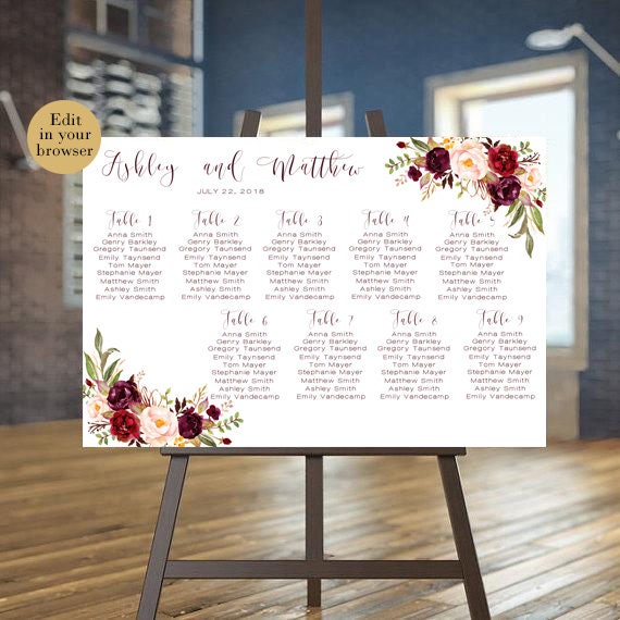 Wedding seating chart template, Marsala Printable seating chart, Burgundy Editable seating chart, Find Your Seat Seating Chart, Editable PDF Il_570xn