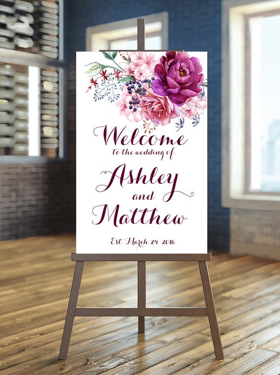 Printable Wedding Sign, Welcome Wedding Sign, Floral Wedding Sign, Purple Sign, Burgundy Wedding Sign, Floral welcome Sign, Custom sign Il_570xn