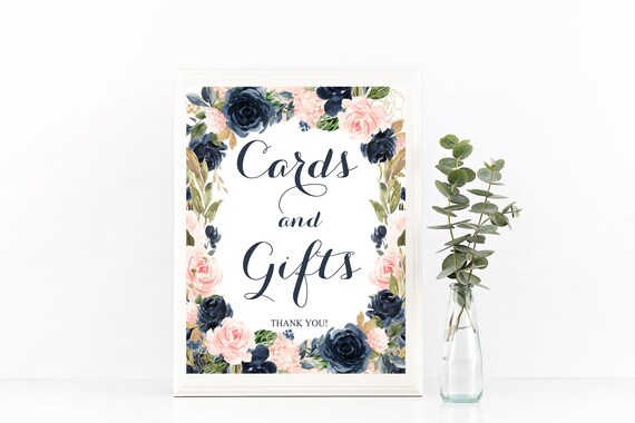 Cards and Gifts sign,Deep Blue Bridal shower sign, Navy blue Wedding sign, Blue and Pink Bridal Shower Decorations, Blush Bridal shower Sign Il_570xn