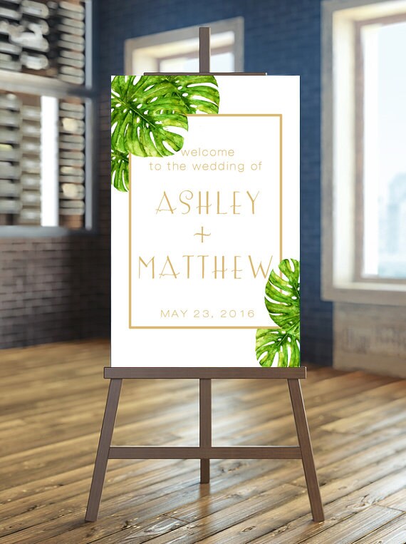 Printable Wedding Sign, Welcome Wedding Sign, Tropical Wedding Sign, Monstera wedding Sign Gold Wedding Sign Hawaii Wedding Sign Beach sign Il_570xn