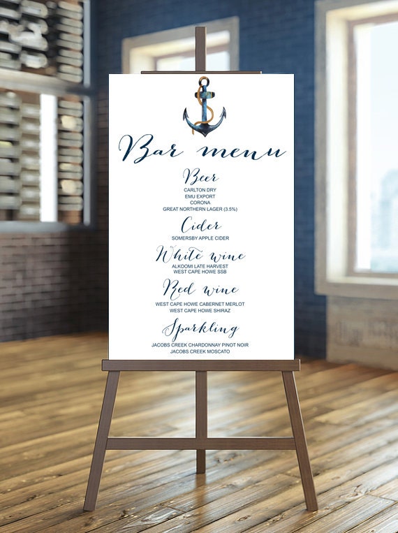 Printable Wedding Sign, Bar menu Sign, Nautica bar Sign, Liquor Menu, Cocktail Menu, Anchor Wedding Sign, Navy bar sign, Printable bar menu Il_570xn