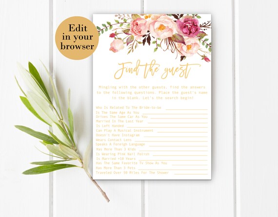 Find The Guest Shower Game, Bridal Shower Guessing Game, Blush and Gold Bridal shower Game, Pink Bridal shower Game, Ice Breaker Games Il_570xn