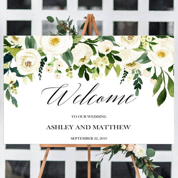 White Floral Welcome Sign, Horizontal welcome sign, Large welcome sign, Welcome Wedding Sign, White and Greenery Welcome Sign Reception Sign Il_570xn
